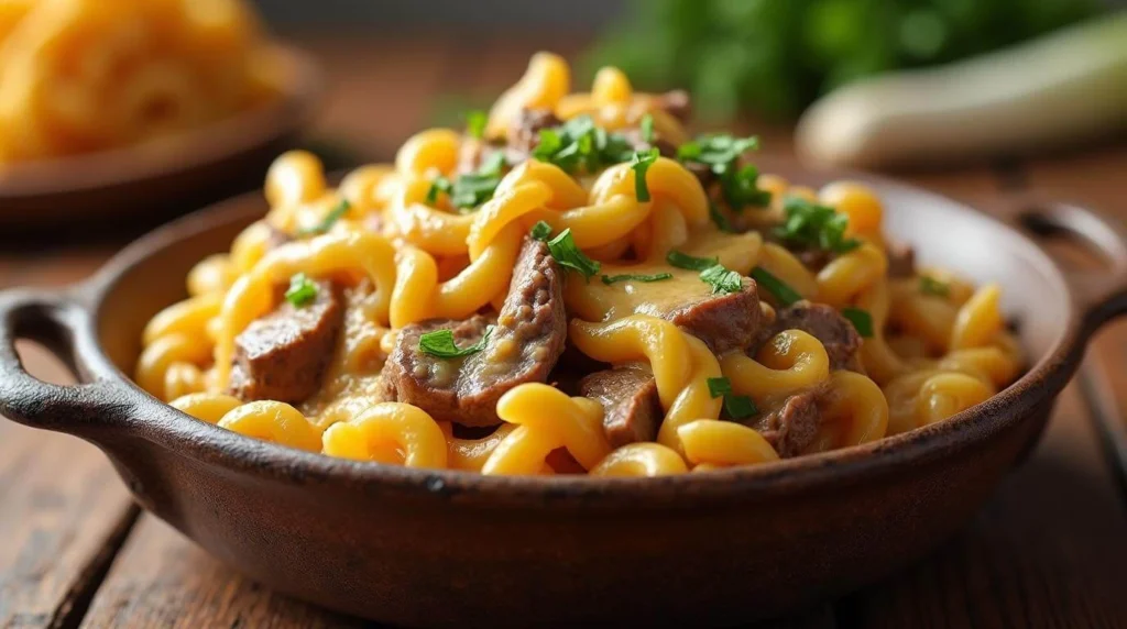 Delicious Philly Cheese Steak Pasta with creamy cheese sauce, tender beef strips, and sautéed peppers