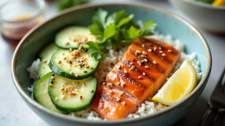 Delicious salmon rice bowls with fresh ingredients, a healthy and flavorful meal.