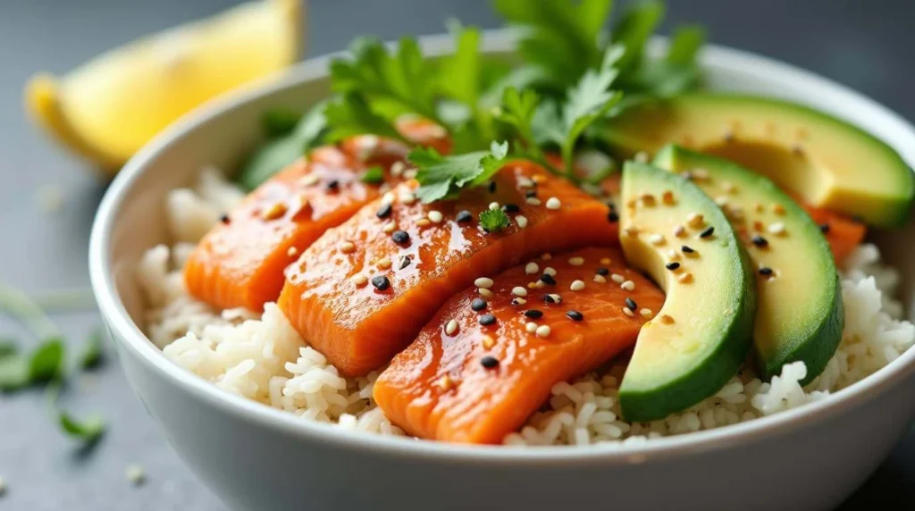 salmon rice bowls with fresh ingredients, a healthy and flavorful meal