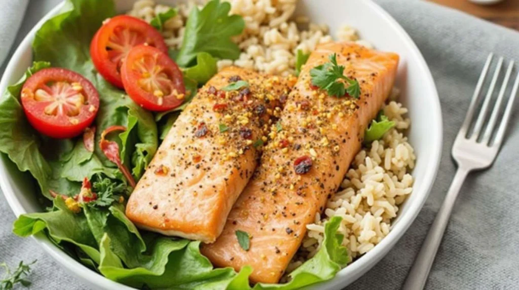 Delicious salmon rice bowls with fresh ingredients, a healthy and flavorful meal.