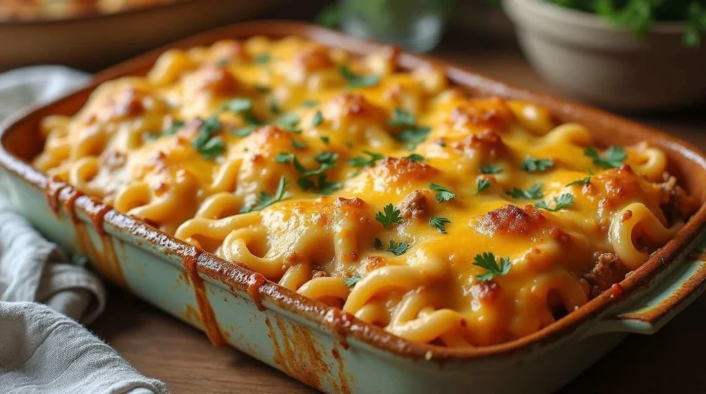 Sour Cream Beef Noodle Casserole in a baking dish, topped with melted cheese and garnished with fresh parsley.