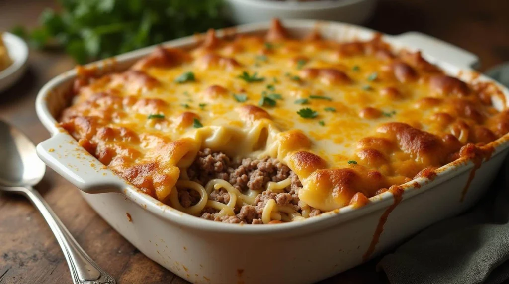 Sour Cream Beef Noodle Casserole in a baking dish, topped with melted cheese and garnished with fresh parsley.