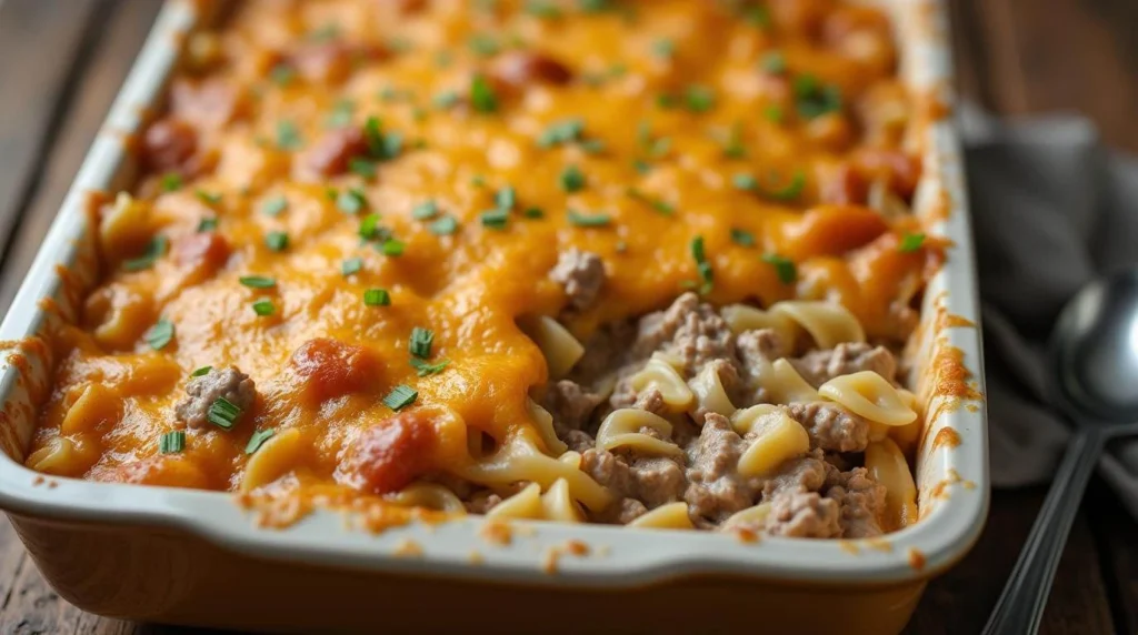 Sour Cream Beef Noodle Casserole in a baking dish, topped with melted cheese and garnished with fresh parsley.