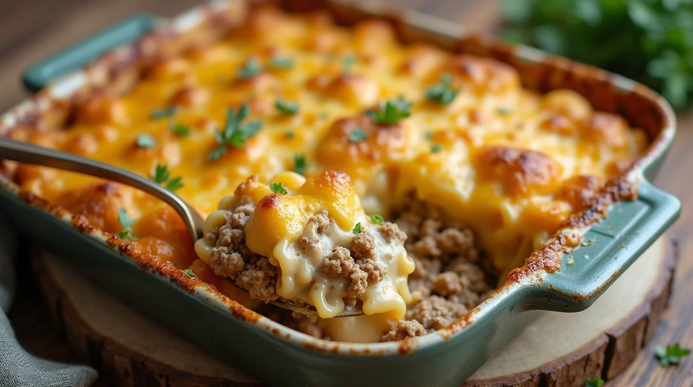 Sour Cream Beef Noodle Casserole in a baking dish, topped with melted cheese and garnished with fresh parsley.