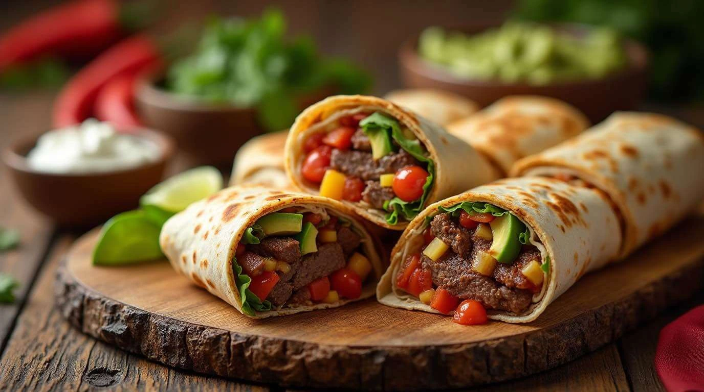 steak burrito recipe with juicy steak, fresh vegetables, and melted cheese wrapped in a soft tortilla.