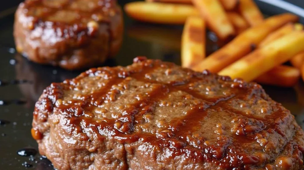 Steak Frites served with a juicy steak and crispy golden fries on a rustic wooden plate.