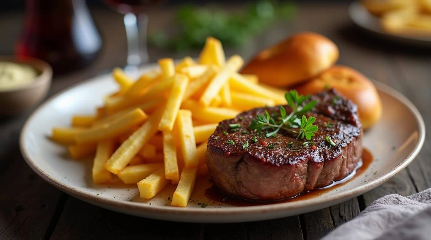 Steak Frites served with a juicy steak and crispy golden fries on a rustic wooden plate.