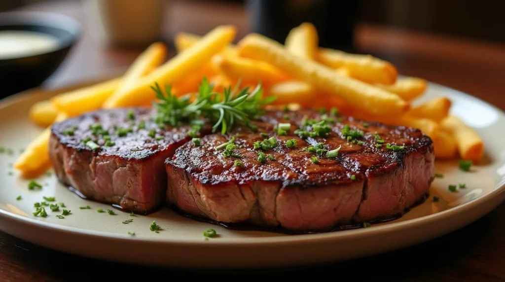 Steak Frites served with a juicy steak and crispy golden fries on a rustic wooden plate.