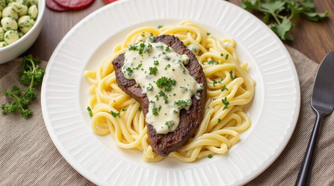 Steak Gorgonzola Alfredo at Home - Creamy alfredo pasta topped with perfectly cooked steak and tangy Gorgonzola cheese