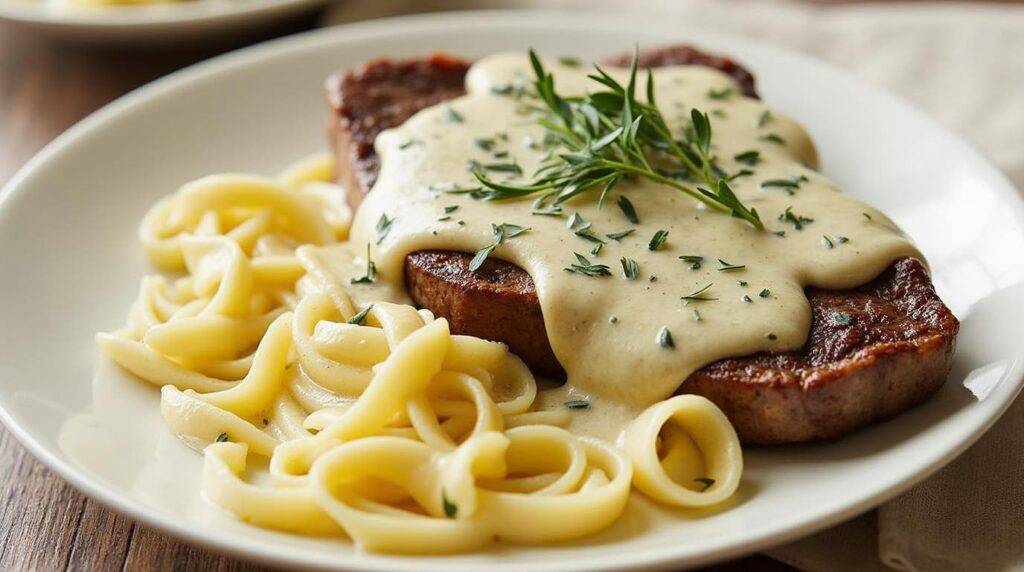 Steak Gorgonzola Alfredo at Home - Creamy alfredo pasta topped with perfectly cooked steak and tangy Gorgonzola cheese