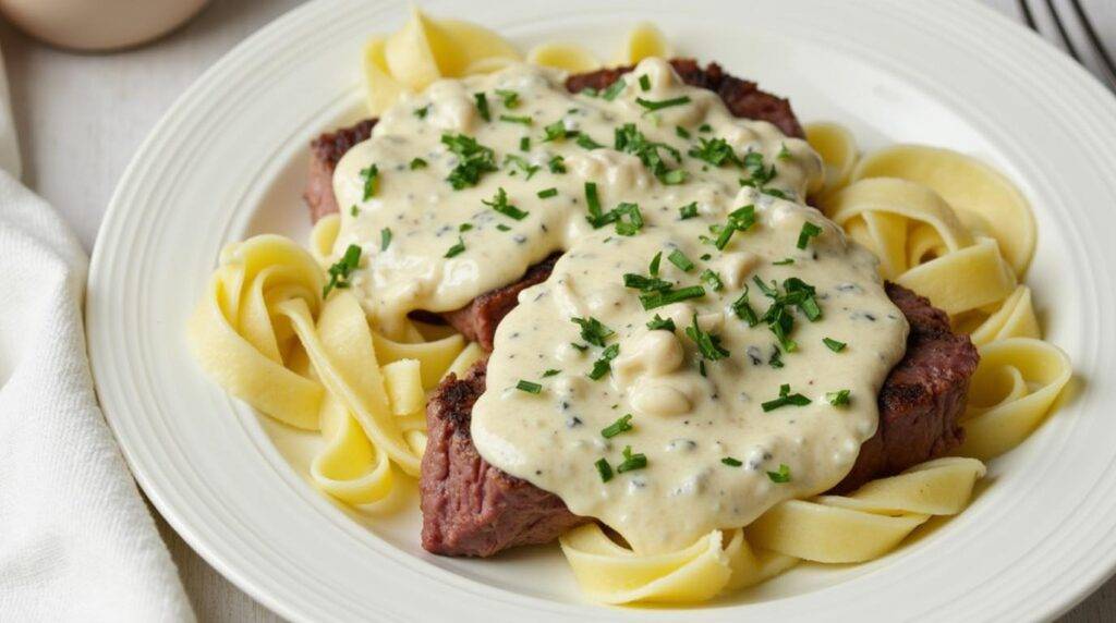 Steak Gorgonzola Alfredo at Home - Creamy alfredo pasta topped with perfectly cooked steak and tangy Gorgonzola cheese