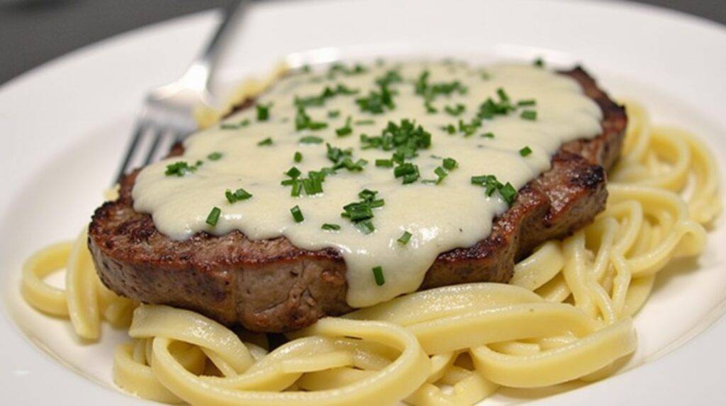 Steak Gorgonzola Alfredo at Home - Creamy alfredo pasta topped with perfectly cooked steak and tangy Gorgonzola cheese.