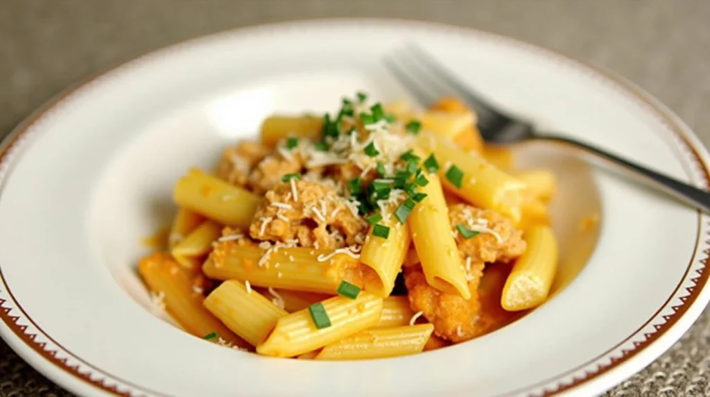 Marry Me Chicken Pasta served in a skillet with creamy sauce and fresh herbs.