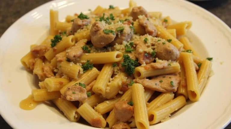 Marry Me Chicken Pasta served in a skillet with creamy sauce and fresh herbs.