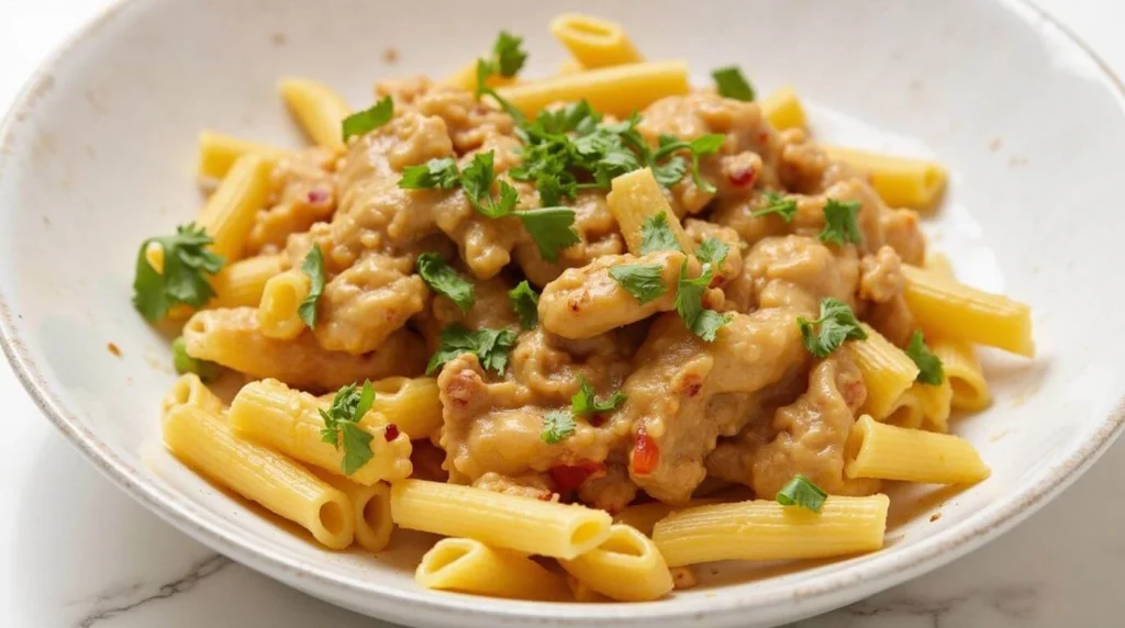 Marry Me Chicken Pasta served in a skillet with creamy sauce and fresh herbs.