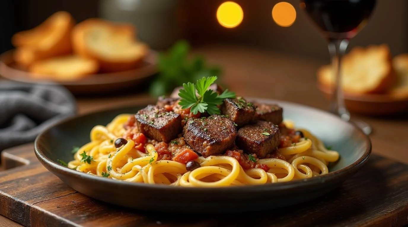 A delicious plate of steak pasta recipes , showcasing tender slices of steak over perfectly cooked pasta with a flavorful sauce.