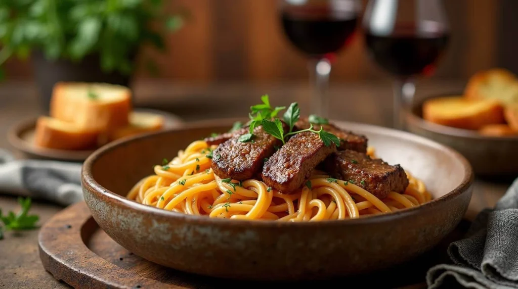 delicious plate of steak pasta, recipes  showcasing tender slices of steak over perfectly cooked pasta with a flavorful sauce.