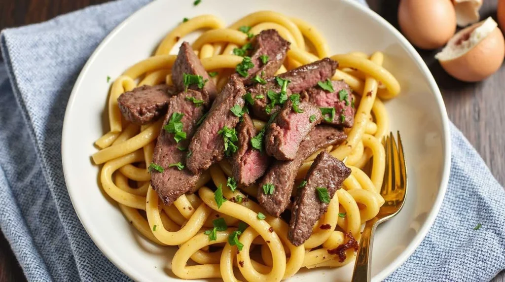 delicious plate of steak pasta, recipes showcasing tender slices of steak over perfectly cooked pasta with a flavorful sauce.