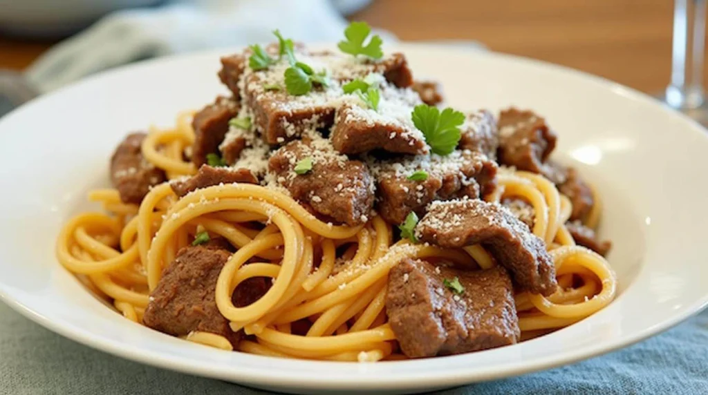 delicious plate of steak pasta, recipes showcasing tender slices of steak over perfectly cooked pasta with a flavorful sauce.