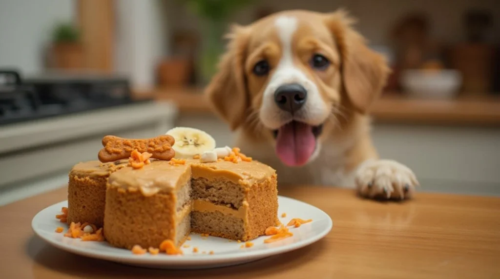 Homemade dog cake with peanut butter frosting and a bone-shaped topper, perfect for a pet birthday celebration.