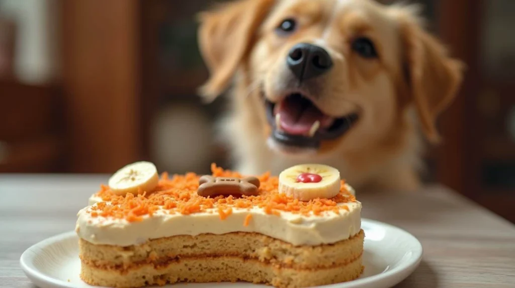 Homemade dog cake with peanut butter frosting and a bone-shaped topper, perfect for a pet birthday celebration.