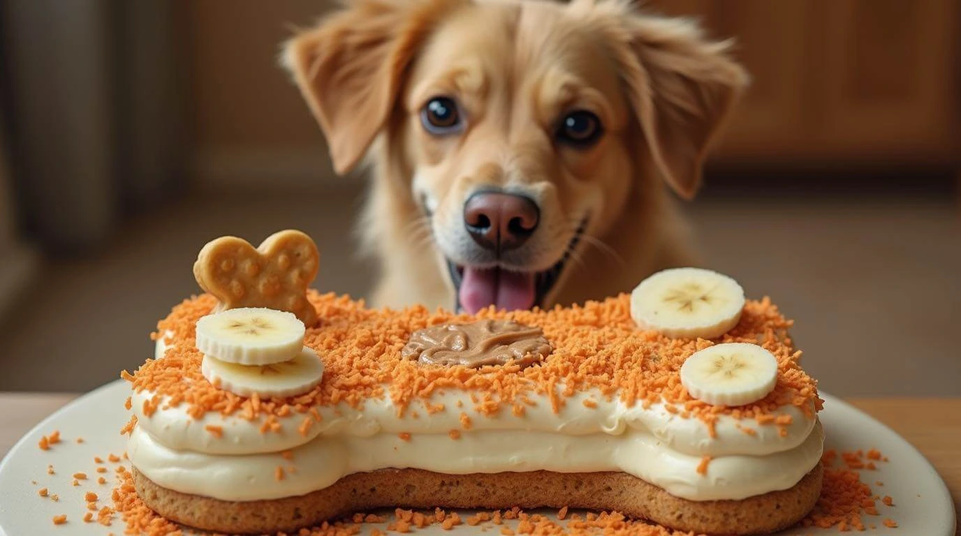 Homemade dog cake with peanut butter frosting and a bone-shaped topper, perfect for a pet birthday celebration.