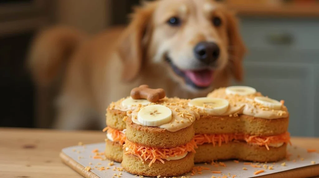 Homemade dog cake with peanut butter frosting and a bone-shaped topper, perfect for a pet birthday celebration.