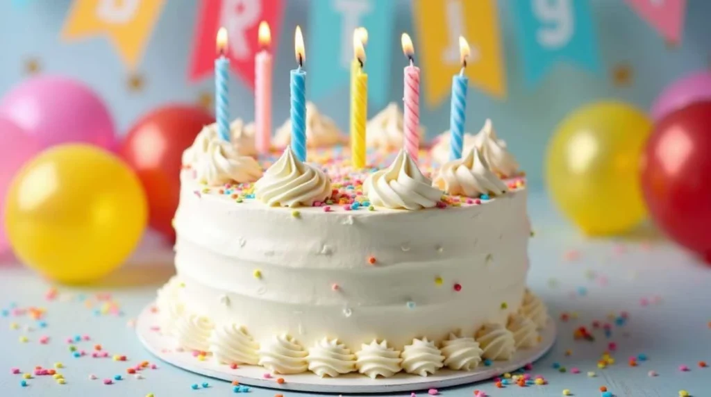 Colorful happy birthday cake topped with candles, sprinkles, and icing, perfect for celebrations and parties