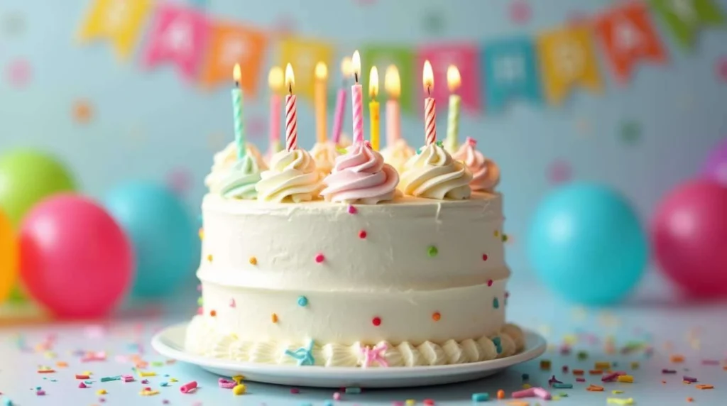 Colorful happy birthday cake topped with candles, sprinkles, and icing, perfect for celebrations and parties