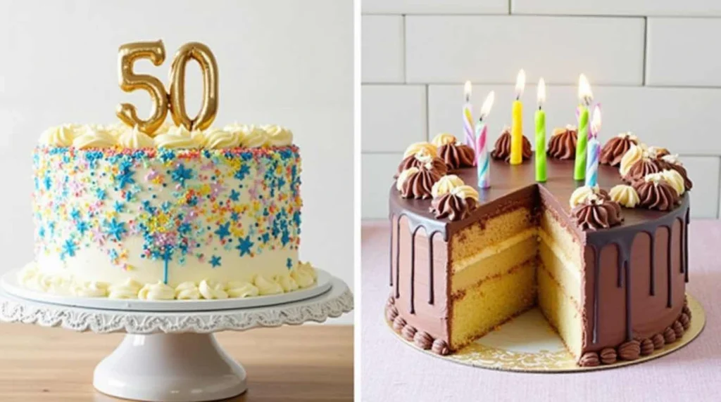 Colorful happy birthday cake topped with candles, sprinkles, and icing, perfect for celebrations and parties