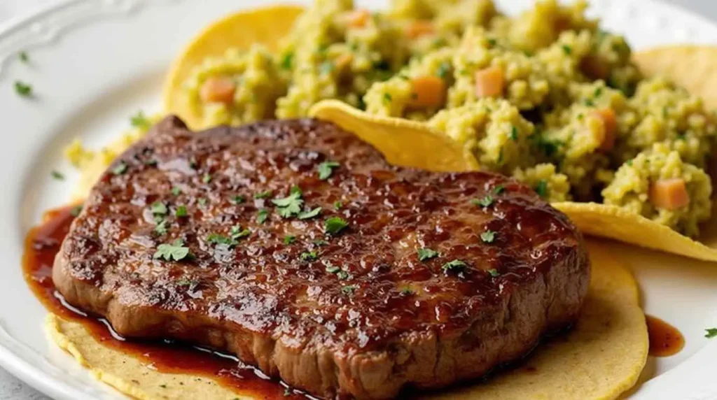 Grilled chipotle steak slices garnished with fresh cilantro and lime wedges.