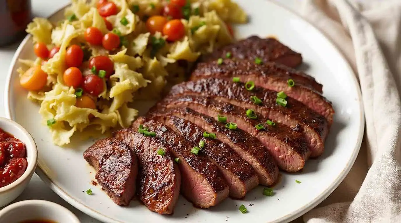 Grilled chipotle steak slices garnished with fresh cilantro and lime wedges.