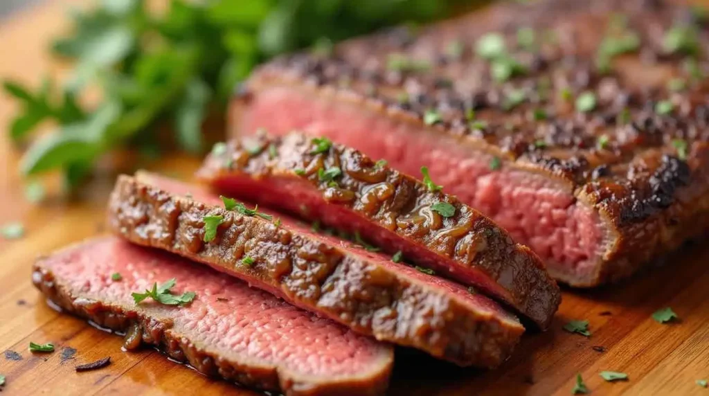 Grilled chipotle steak slices garnished with fresh cilantro and lime wedges.